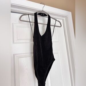 Urban Outfitters Black Ribbed Shimmer Halter Bodysuit